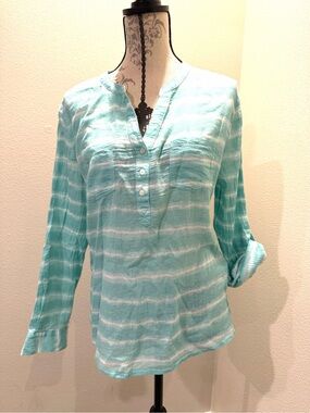 Carve Designs Dylan Gauze Tunic Pullover Henley Top, Sz. M, Aqua Tie Dye